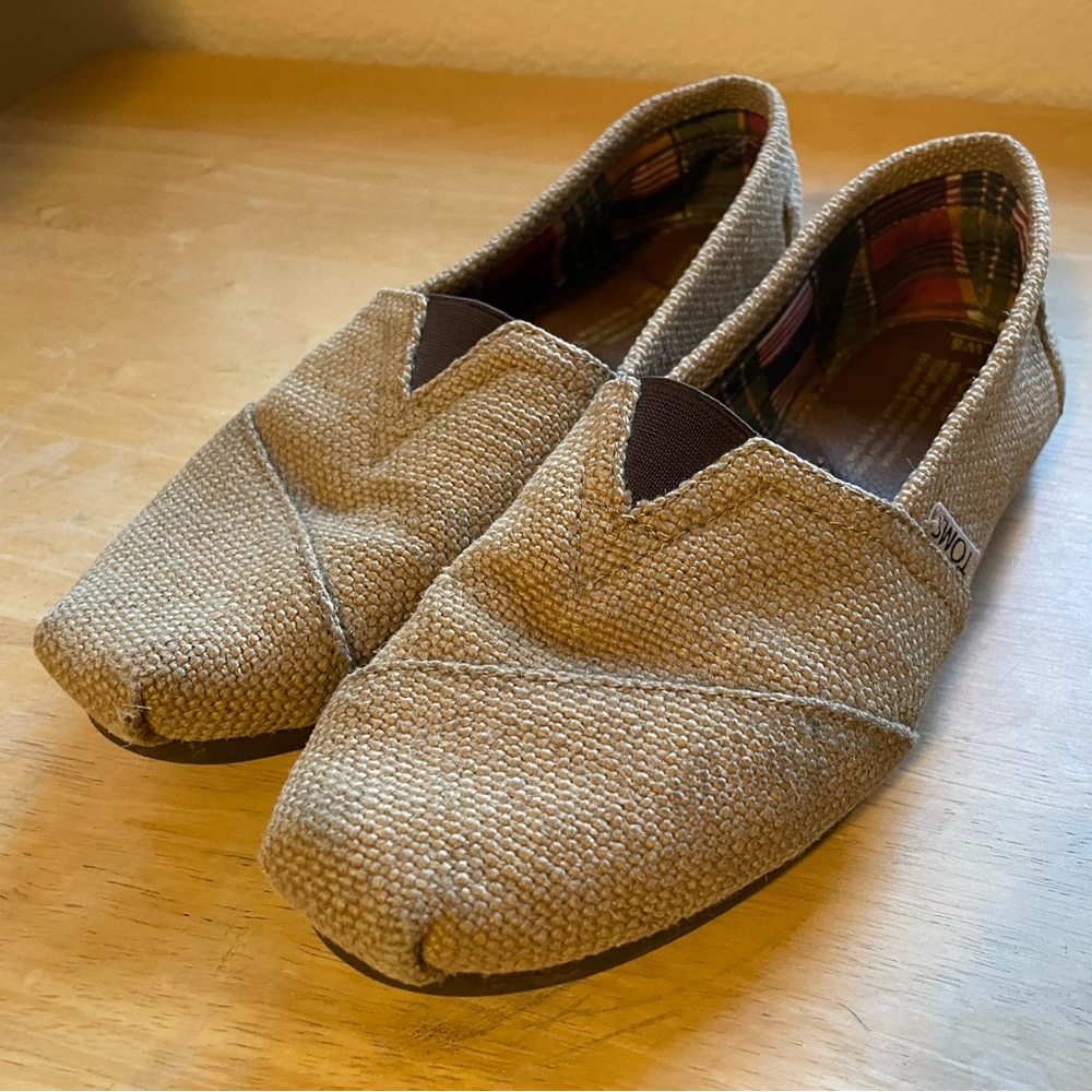 Toms Burlap Tan Slip Ons- Size 8 Women